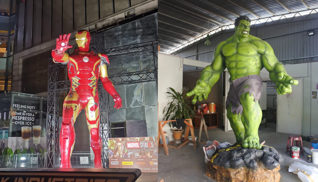Large-scale Iron Man and Hulk character sculptures displayed in Kuala Lumpur, Malaysia