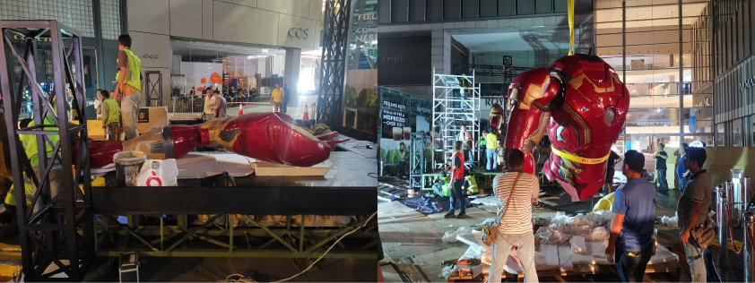 Installation of Giant Iron Man Character Display Installation process of giant Iron Man character display in Kuala Lumpur